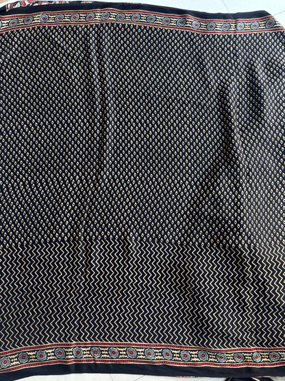 CHAAND — Black Ajrakh Modal Silk Saree | Hand Block Printed | Natural Dyes | Kutch Artisans