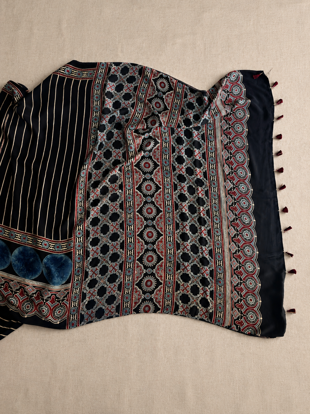 CHAAND — Black Ajrakh Modal Silk Saree | Hand Block Printed | Natural Dyes | Kutch Artisans