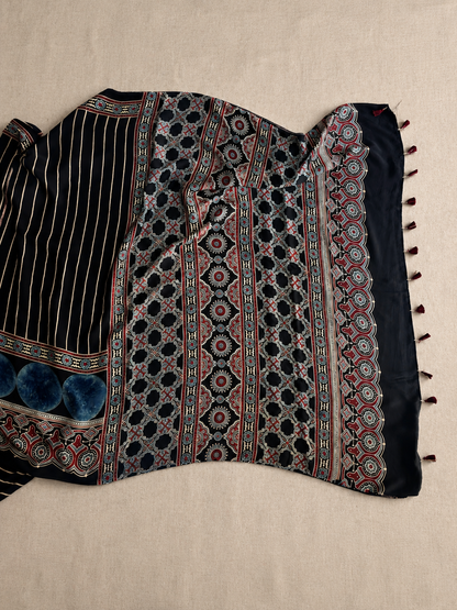 CHAAND — Black Ajrakh Modal Silk Saree | Hand Block Printed | Natural Dyes | Kutch Artisans