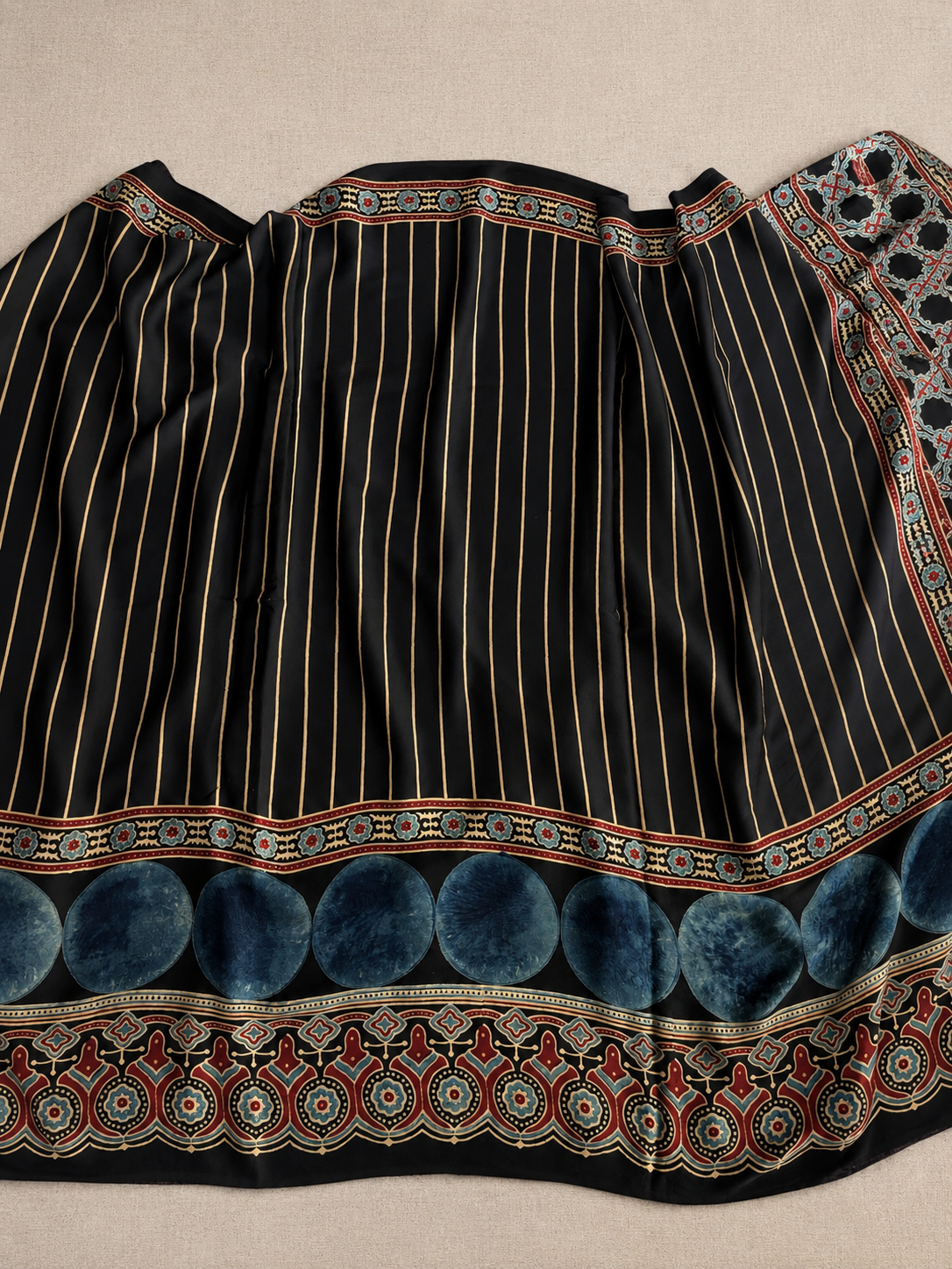 CHAAND — Black Ajrakh Modal Silk Saree | Hand Block Printed | Natural Dyes | Kutch Artisans