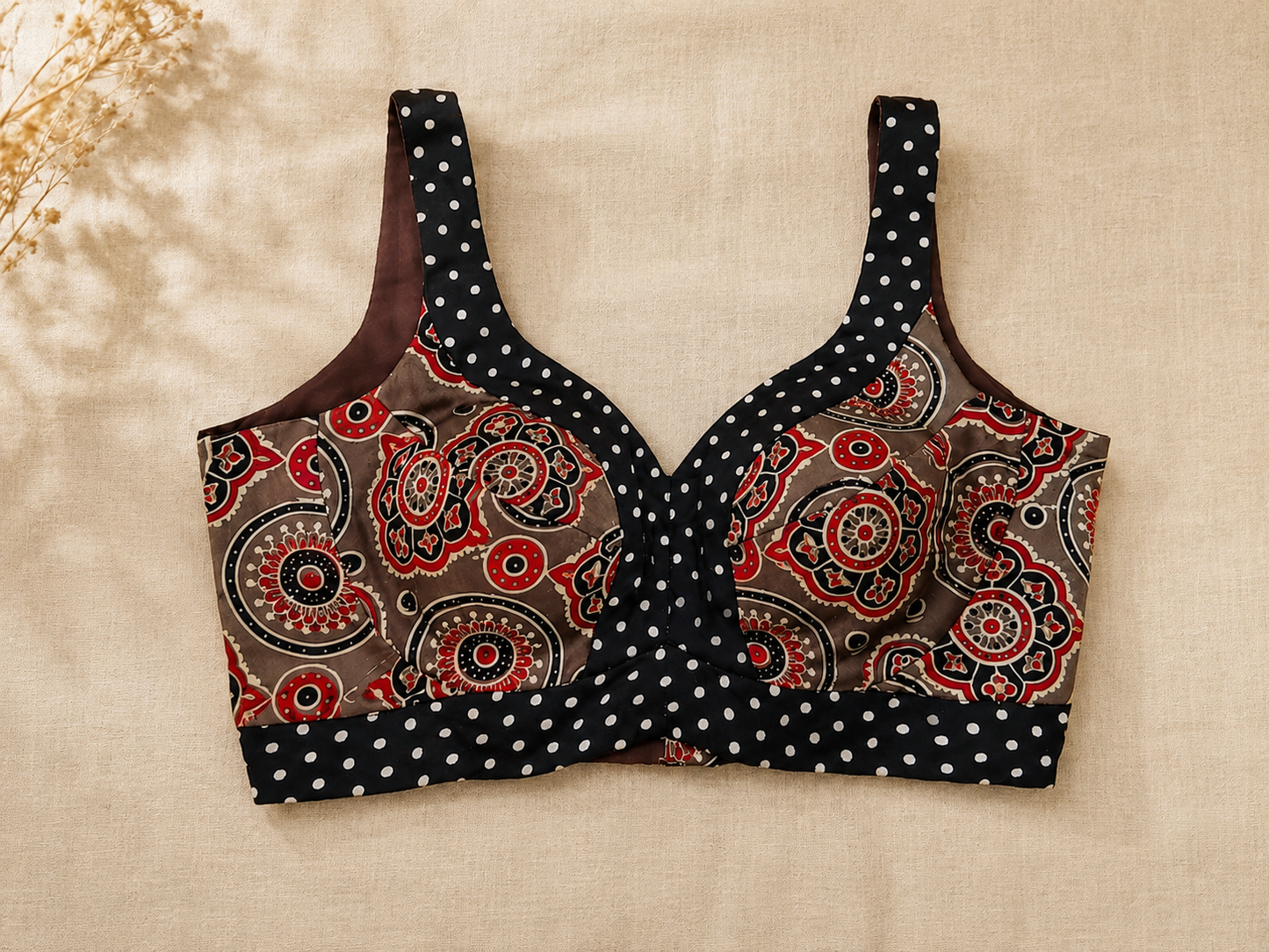 Ajrakh Hand Block Printed Patch Border Modal Silk Blouse