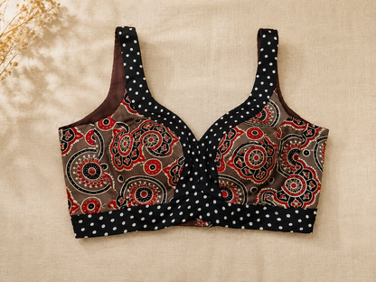 Ajrakh Hand Block Printed Patch Border Modal Silk Blouse