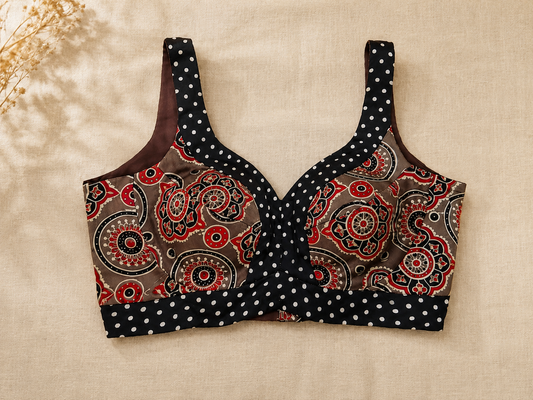 Ajrakh Hand Block Printed Patch Border Modal Silk Blouse