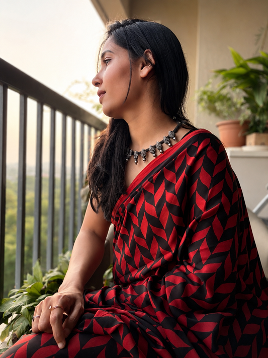 INFINITY — Red & Black Ajrakh Geometric Hand Block Printed Modal Silk Saree