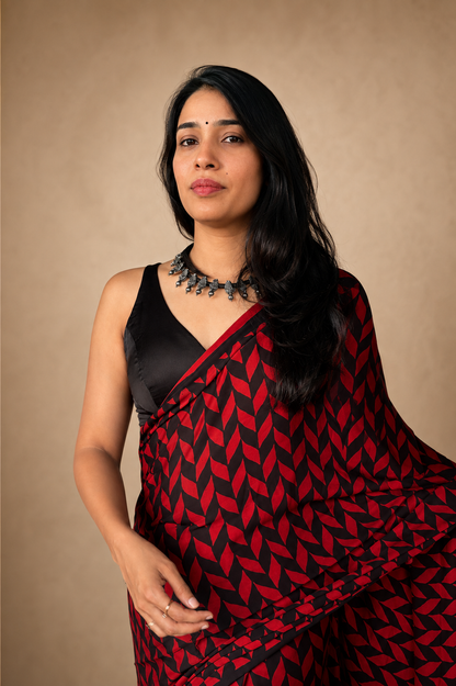 Red & Black Ajrakh Geometric Modal Silk Saree