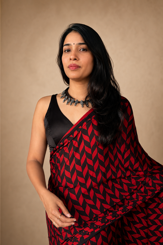 INFINITY — Red & Black Ajrakh Geometric Hand Block Printed Modal Silk Saree