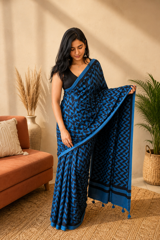 INFINITY — Ajrakh Geometric Hand Block Printed Modal Silk Saree