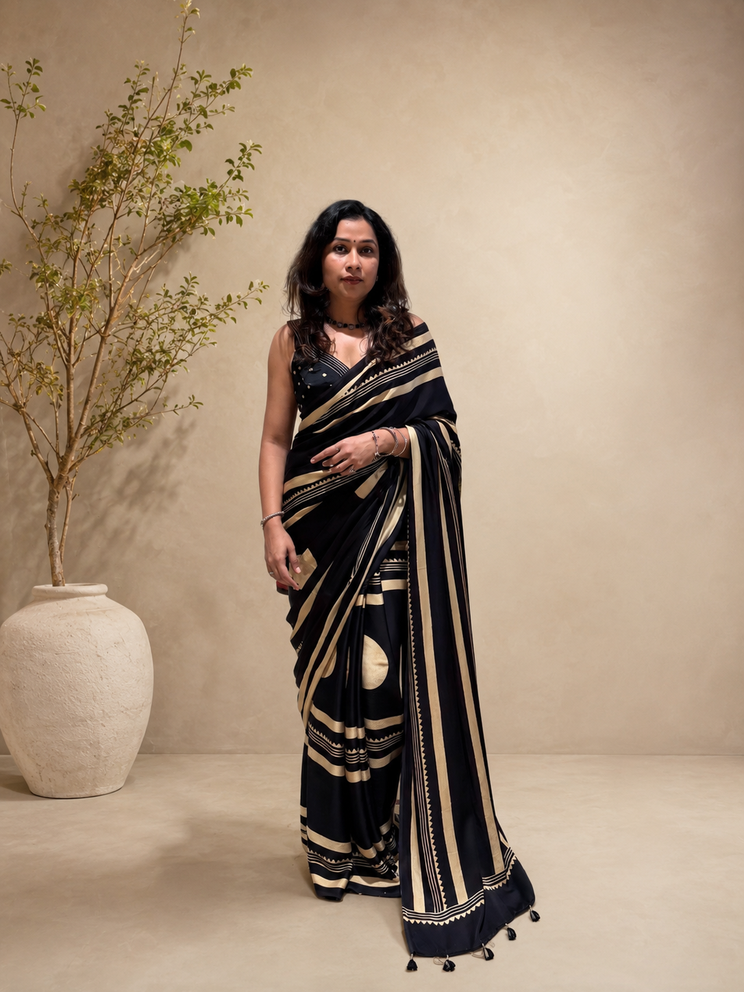 SIENNA — Black Ajrakh Hand Block Printed Modal Silk Saree