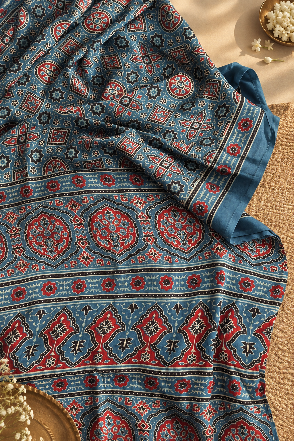 NEELKAMAL — Indigo Ajrakh Hand Block Printed Modal Silk Saree