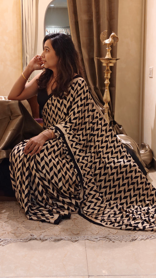 INFINITY — Beige & Black Ajrakh Modal Silk Saree