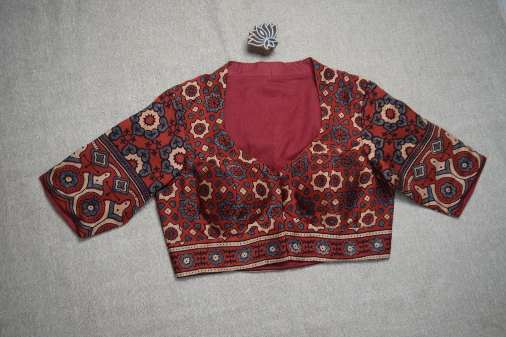 Red Ajrakh Modal Silk Blouse - Earthy Blocks