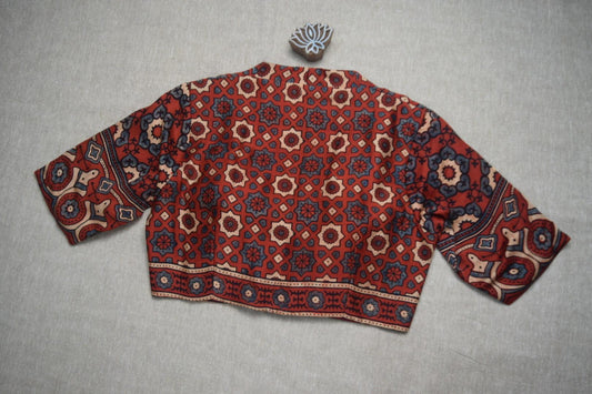 Red Ajrakh Modal Silk Blouse - Earthy Blocks