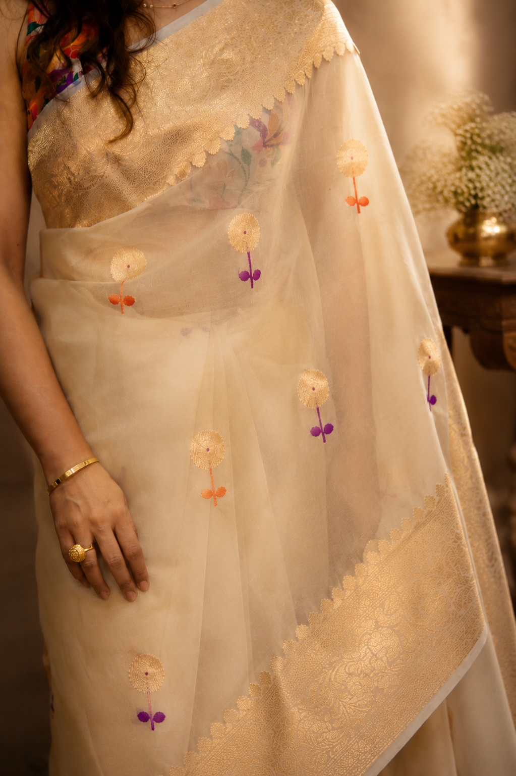 SHEETAL — Ivory Organza Banarasi Silk Saree