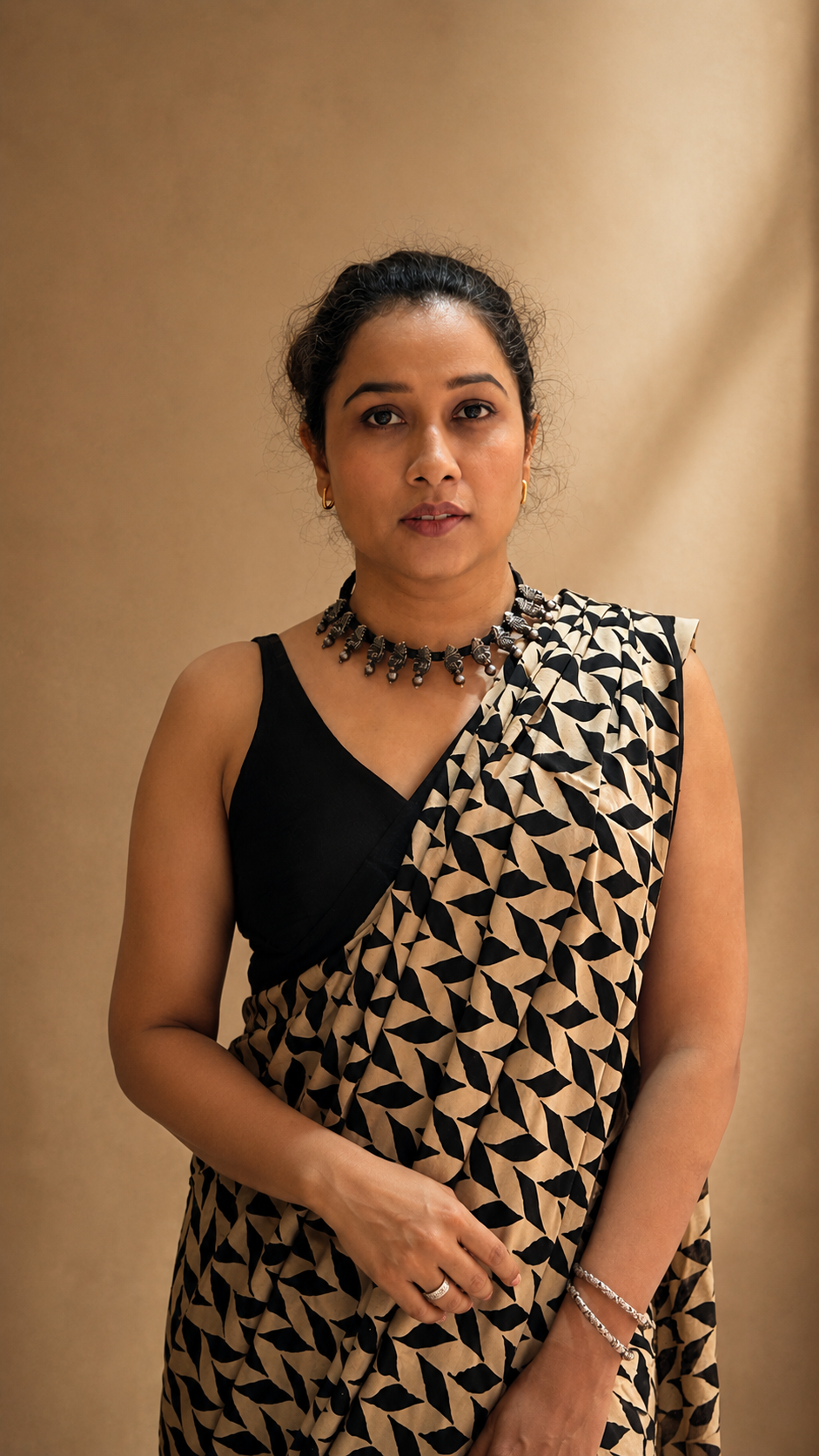 INFINITY — Beige & Black Ajrakh Geometric Hand Block Printed Modal Silk Saree