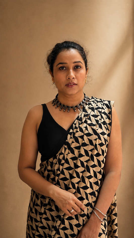 INFINITY — Beige & Black Ajrakh Geometric Hand Block Printed Modal Silk Saree