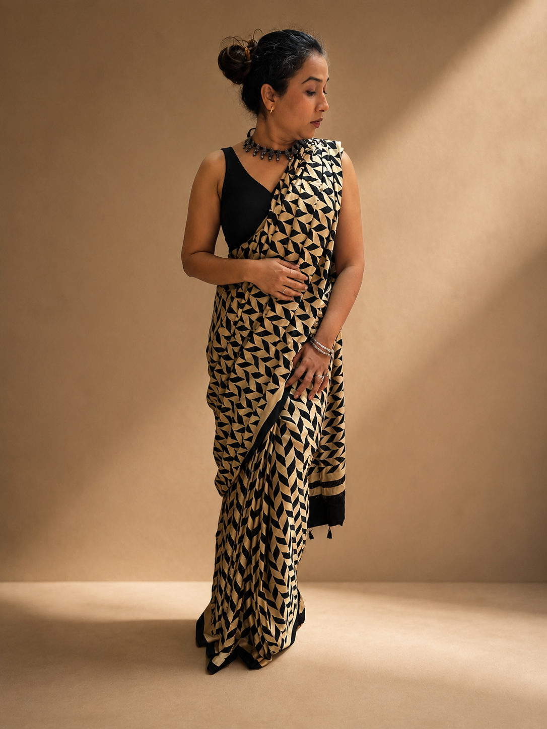 INFINITY — Beige & Black Ajrakh Geometric Hand Block Printed Modal Silk Saree