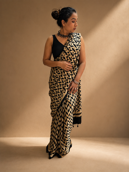 INFINITY — Beige & Black Ajrakh Geometric Hand Block Printed Modal Silk Saree