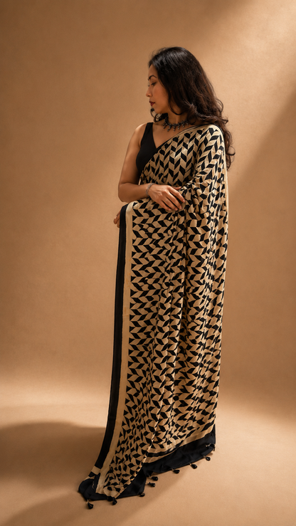 INFINITY — Beige & Black Ajrakh Geometric Hand Block Printed Modal Silk Saree
