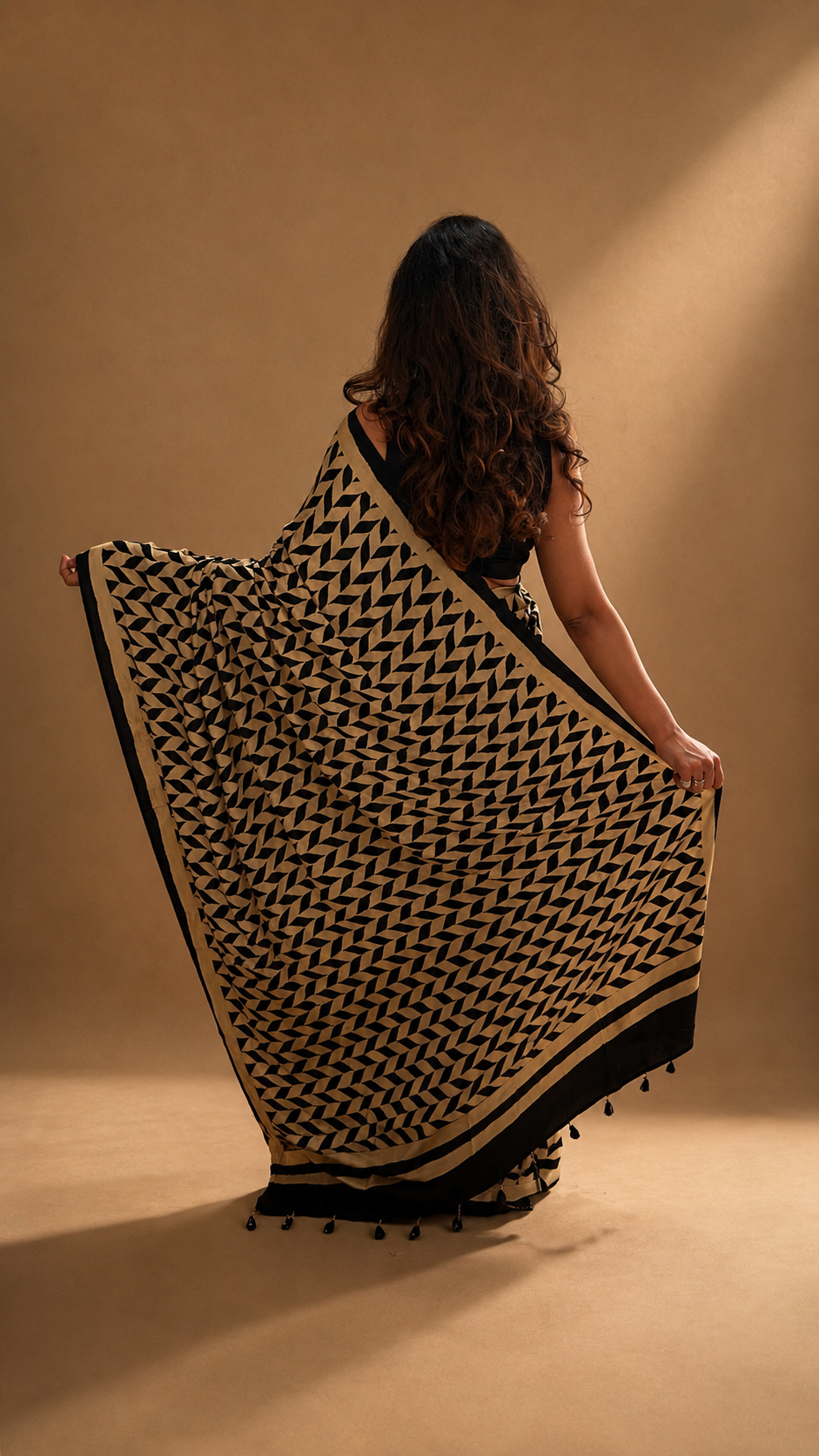 INFINITY — Beige & Black Ajrakh Geometric Hand Block Printed Modal Silk Saree