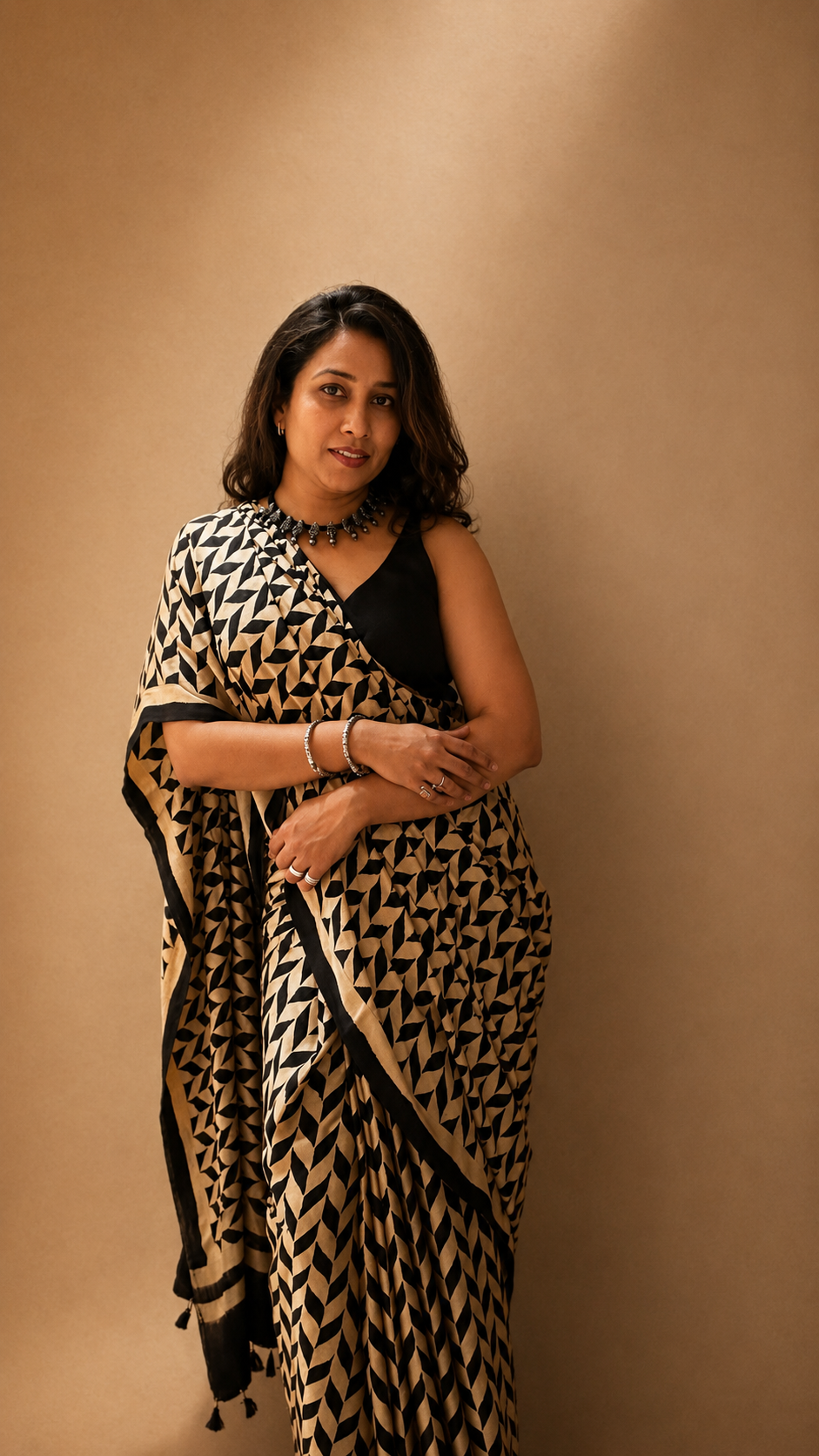 INFINITY — Beige & Black Ajrakh Geometric Hand Block Printed Modal Silk Saree