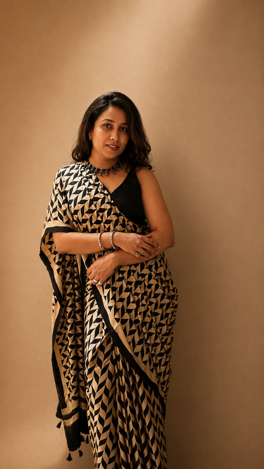 INFINITY — Beige & Black Ajrakh Geometric Hand Block Printed Modal Silk Saree