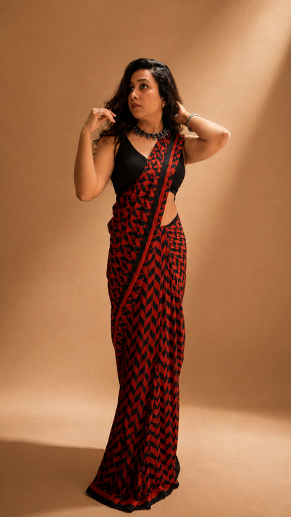 INFINITY — Red & Black Ajrakh Geometric Hand Block Printed Modal Silk Saree