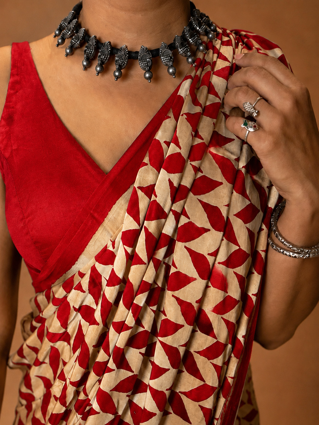 INFINITY — Red & Beige Ajrakh Geometric Hand Block Printed Modal Silk Saree