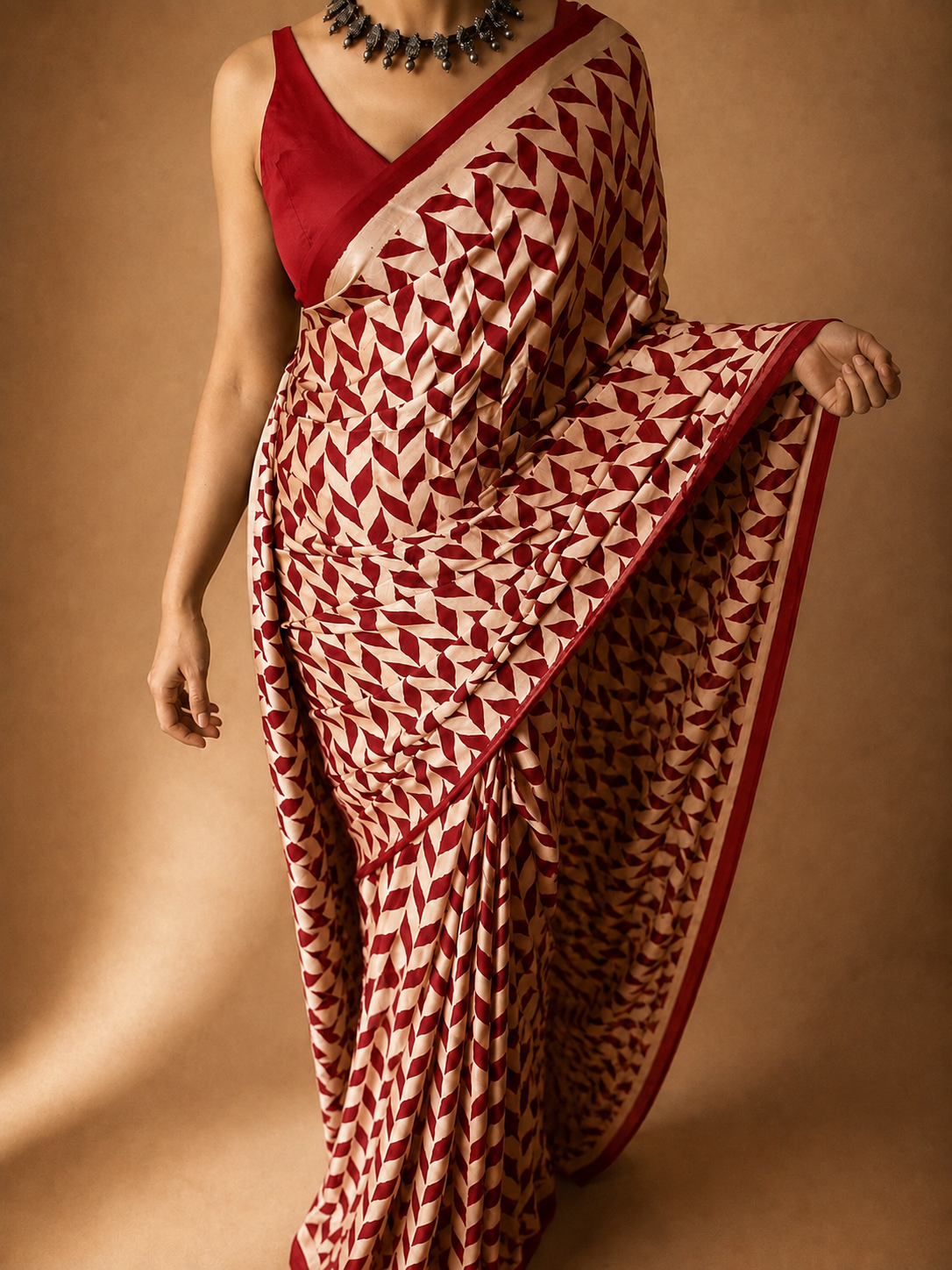 INFINITY — Red & Beige Ajrakh Geometric Hand Block Printed Modal Silk Saree
