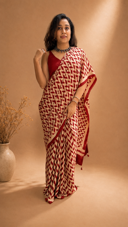 INFINITY — Red & Beige Ajrakh Geometric Hand Block Printed Modal Silk Saree