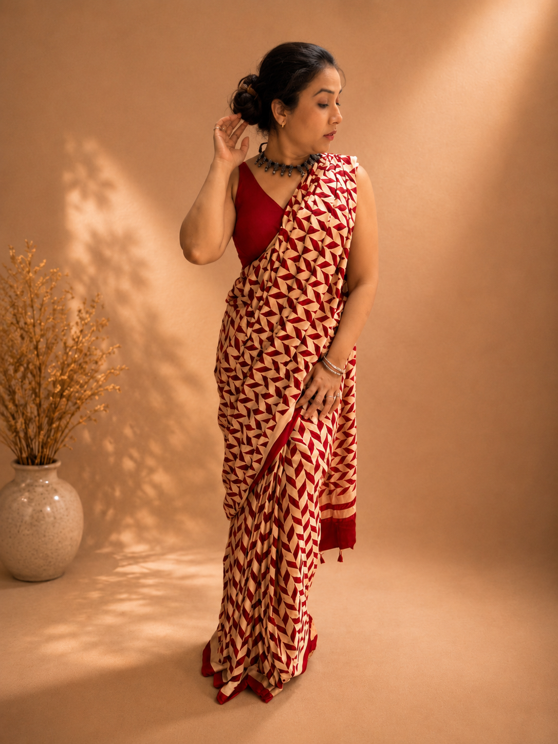 INFINITY — Red & Beige Ajrakh Geometric Hand Block Printed Modal Silk Saree