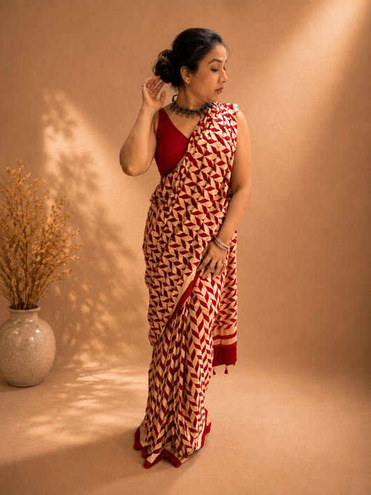 INFINITY — Red & Beige Ajrakh Geometric Hand Block Printed Modal Silk Saree