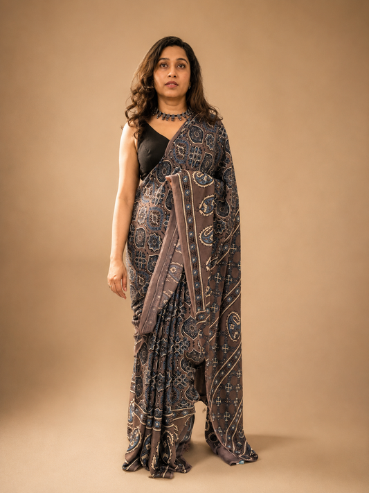 KHAAKI — Brown Ajrakh Hand Block Printed Modal Silk Saree