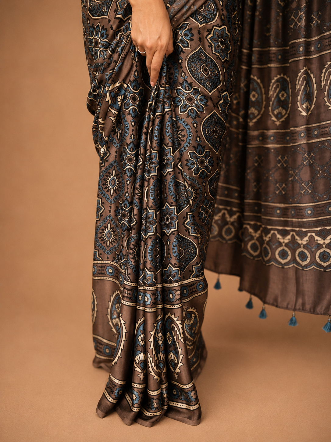 KHAAKI — Brown Ajrakh Hand Block Printed Modal Silk Saree