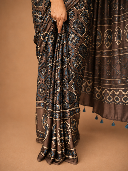 KHAAKI — Brown Ajrakh Hand Block Printed Modal Silk Saree