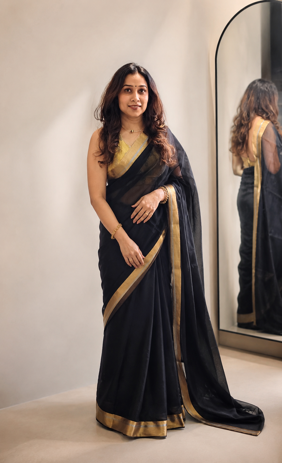 SHYAMA — Classic Black Plain Chanderi Silk Cotton Saree