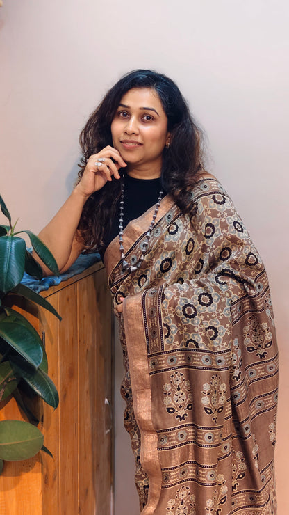 SHAAM — Brown Ajrakh Hand Block Printed Maheshwari Saree