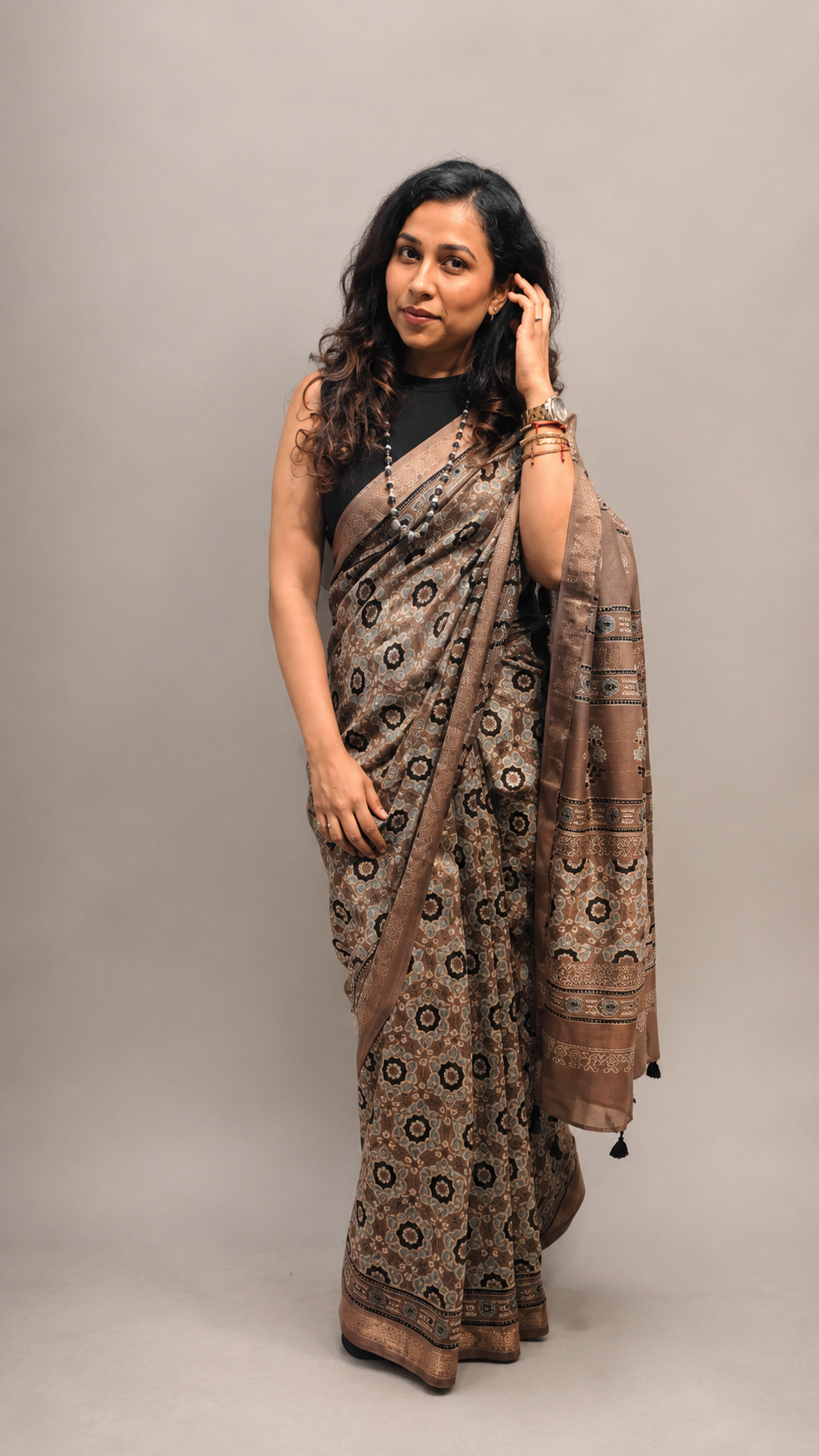 SHAAM — Brown Ajrakh Hand Block Printed Maheshwari Saree