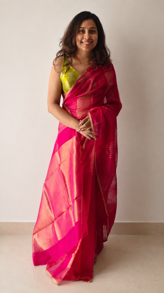 GEHNA — Rani Pink Gold Stripe Chanderi Silk Cotton Saree