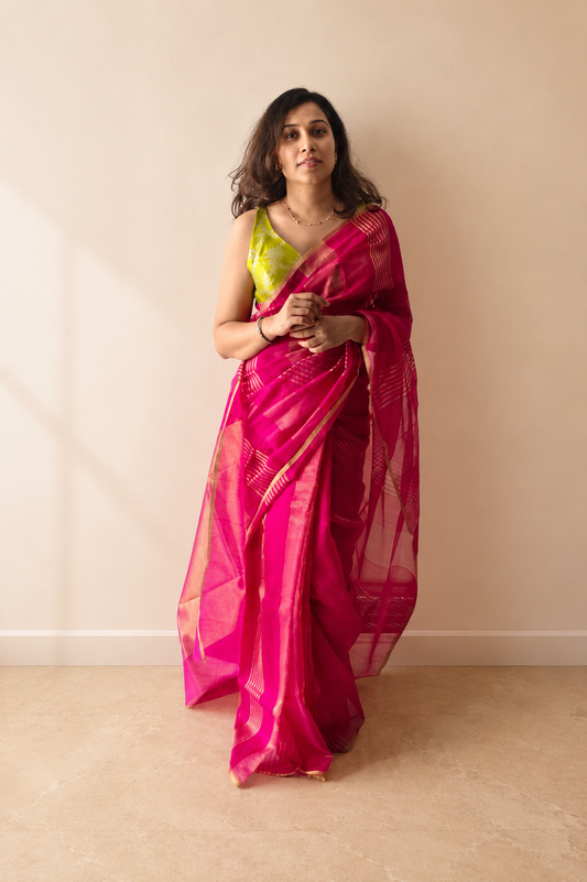 GEHNA — Rani Pink Gold Stripe Chanderi Silk Cotton Saree