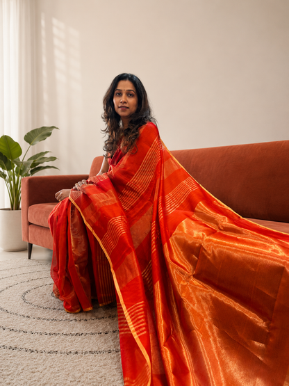 DHARTEE — Rust Gold Stripe Chanderi Silk Cotton Saree