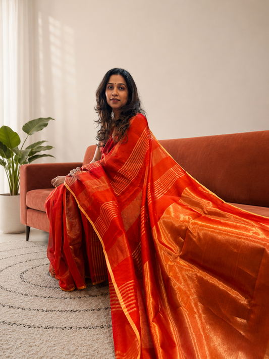 DHARTEE — Rust Gold Stripe Chanderi Silk Cotton Saree