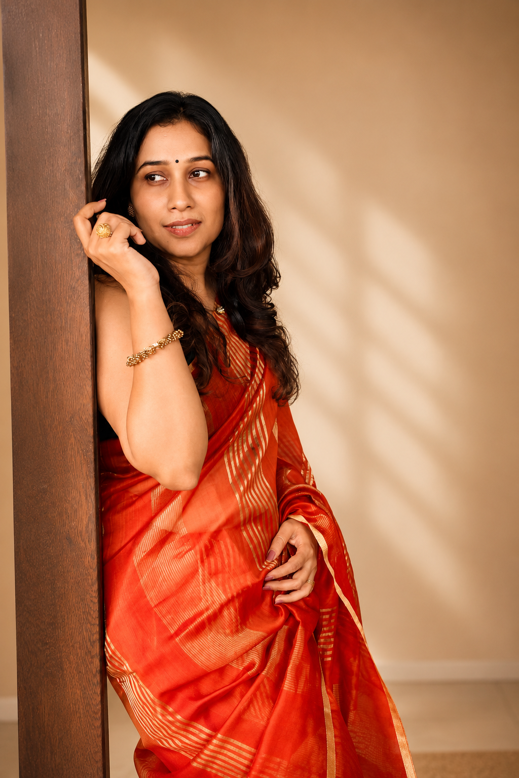 DHARTEE — Rust Gold Stripe Chanderi Silk Cotton Saree