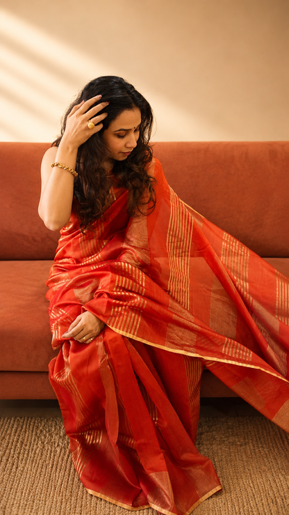 DHARTEE — Rust Gold Stripe Chanderi Silk Cotton Saree