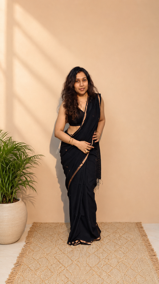 KSHAMA — Midnight Black Jamdani Handloom Cotton Saree