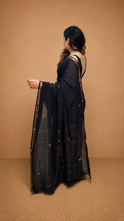 KSHAMA — Midnight Black Jamdani Handloom Cotton Saree