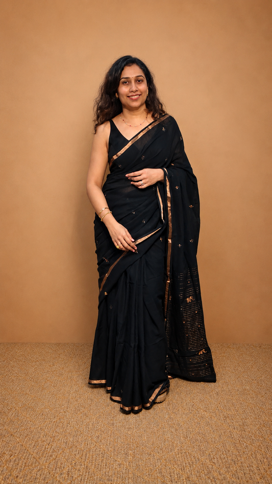 KSHAMA — Midnight Black Jamdani Handloom Cotton Saree