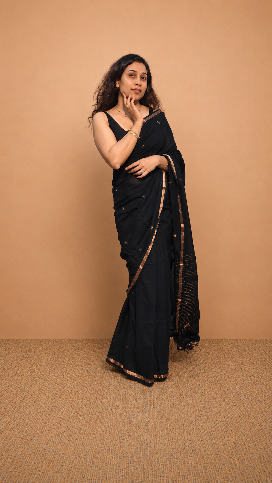 KSHAMA — Midnight Black Jamdani Handloom Cotton Saree