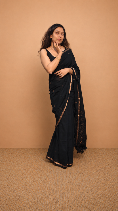 KSHAMA — Midnight Black Jamdani Handloom Cotton Saree