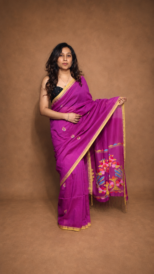 BAHAAR — Pink Kantha Work Handloom Cotton Jamdani Saree