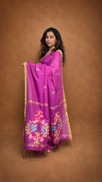 BAHAAR — Pink Kantha Work Handloom Cotton Jamdani Saree